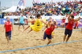 LAREDO, SPAIN - JULY 31: Unidentified, El CBMP ciudad de Malaga, player launches to goal in the Spain handball Championship celebr
