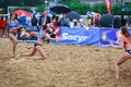 LAREDO, SPAIN - JULY 30: Unidentified girl player launches to goal in the Spain handball Championship celebrated in the beach Royalty Free Stock Photo