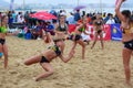 LAREDO, SPAIN - JULY 30: Unidentified girl player launches to goal in the Spain handball Championship celebrated in the beach of L Royalty Free Stock Photo