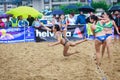 LAREDO, SPAIN - JULY 30: Unidentified girl player launches to goal in the Spain handball Championship celebrated in the beach of L Royalty Free Stock Photo