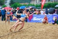 LAREDO, SPAIN - JULY 30: Unidentified girl player launches to goal in the Spain handball Championship celebrated in the beach of L Royalty Free Stock Photo