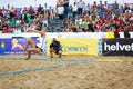 LAREDO, SPAIN - JULY 31: Unidentified girl player launches to goal in the Spain handball Championship celebrated in the beach of L Royalty Free Stock Photo