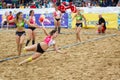 LAREDO, SPAIN - JULY 31: Unidentified girl player launches to goal in the Spain handball Championship celebrated in Laredo in July