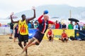 LAREDO, SPAIN - JULY 30: Unidentified player launches to goal in the Spain handball Championship celebrated in the beach of Laredo Royalty Free Stock Photo