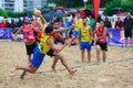 LAREDO, SPAIN - JULY 30: Unidentified player launches to goal in the Spain handball Championship celebrated in the beach of Laredo Royalty Free Stock Photo