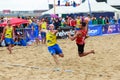 LAREDO, SPAIN - JULY 30: Unidentified player launches to goal in the Spain handball Championship celebrated in the beach of Laredo Royalty Free Stock Photo