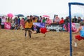 LAREDO, SPAIN - JULY 30: Unidentified player launches to goal in the Spain handball Championship celebrated in the beach of Laredo Royalty Free Stock Photo