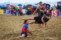 LAREDO, SPAIN - JULY 30: Unidentified player launches to goal in the Spain handball Championship celebrated in the beach of Laredo Royalty Free Stock Photo