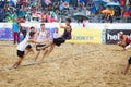 LAREDO, SPAIN - JULY 31: Unidentified player launches to goal in the Spain handball Championship celebrated in Laredo in July 31,