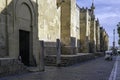 Lareral of the Mosque of Cordoba with the statue of San Rafael at the end of the street Royalty Free Stock Photo