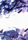 Large abstract watercolor background. Vivid blue and purple freehand brush stains, dots and spots in solid texture on grainy white Royalty Free Stock Photo