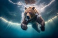 Large adult brown bear diving underwater, Generative AI