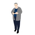 A large adult man stands half-sided and holds a smartphone in his hands, perhaps he is ordering something or looking.