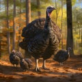 A large adult turkey with three baby turkeys in the woods, autumn. Turkey as the main dish of thanksgiving for the harvest