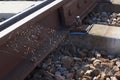 A large aerial web hangs on rusty metal rails