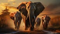Large African elephant herd walking in the sunset on savannah generated by AI Royalty Free Stock Photo
