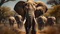 Large African elephant herd walking in tranquil savannah at sunset generated by AI Royalty Free Stock Photo