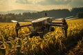 Large Agricultural Drone over a Field extreme closeup. Generative AI