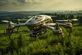 Large Agricultural Drone over a Field extreme closeup. Generative AI