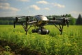 Large Agricultural Drone over a Field extreme closeup. Generative AI