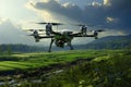 Large Agricultural Drone over a Field extreme closeup. Generative AI