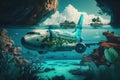 A large airplane or aircraft underwater covered in green algae and coral,