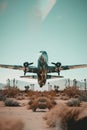 A large airplane flying over a desert area. Generative AI image.