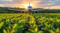 A large airplane is flying over a field of green plants Royalty Free Stock Photo