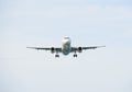 Large airplane front view almost overhead departing or ready to land Royalty Free Stock Photo