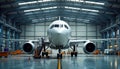 Large airplane in hangar undergoing maintenance. Technicians work on plane engines, structure. Aviation facility shows meticulous Royalty Free Stock Photo