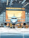 Large airplane parked in an airport hangar, with several people standing around it. There are also two cars and one