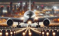 Large airplane on a runway at the airport with lighting, copy space Royalty Free Stock Photo