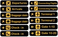 Large airport dirrection signs collection, vector illustration