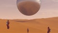 Large Alien Silver Sphere Floating above Desert Sand Dunes with 3 Humans in Hazmat Suits Observing it