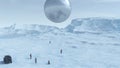 Large Alien Silver Sphere Floating above a Frozen Glacier with People in Hazmat Suits Observing it