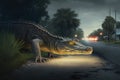 Large Alligator Going to Cross a Road. AI generated Illustration