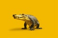 Large alligator standing on top of yellow floor next to yellow wall. Generative AI