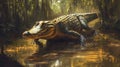 Large Alligator in a Swampy Forest at Dawn Royalty Free Stock Photo
