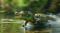 A large alligator is swimming in the water with its mouth open, AI Royalty Free Stock Photo