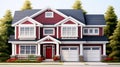 Large American beautiful house with red door. generative ai Royalty Free Stock Photo