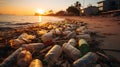 Large amount of trash at the beach with the ocean in sunset background