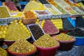 Large amounts of pyramidically stacked olives for sale on market or soukh of Marrakesh, Morocco Royalty Free Stock Photo