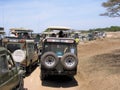 Large amounts of safari vehicles during Serengeti