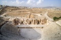 large amphitheater in the ancient Roman city of Gerasa in Jarash, Jordan. Ancient ancient ruins of the Roman era on the background