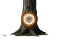A large analog clock is seamlessly embedded into the trunk of a tree. The tree bark is textured, Royalty Free Stock Photo