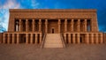 Large ancient Egyptian style temple or tomb built of sandstone with grand staircase to the entrance. 3D rendering