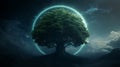 A large, ancient tree stands tall, illuminated by a glowing blue ring in the night sky Royalty Free Stock Photo