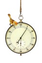 Large ancient vintage stopwatch with little toy bird hanging in front of a white background Royalty Free Stock Photo