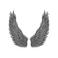 Large angel wings gray feathers and black contour. Old-school tattoo design. Flat vector for sticker, vintage style Royalty Free Stock Photo