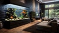 Large aquarium inside modern house, luxury living room interior, dark design. Lounge of contemporary villa or mansion. Concept of Royalty Free Stock Photo